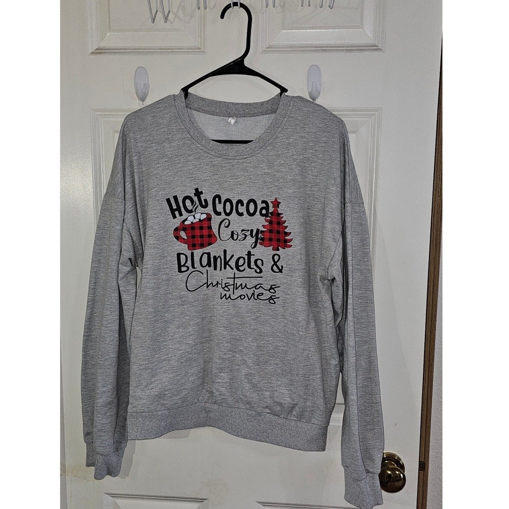 Hot Cocoa Cozy Blankets Christmas Movies Graphic Sweatshirt Gray Large